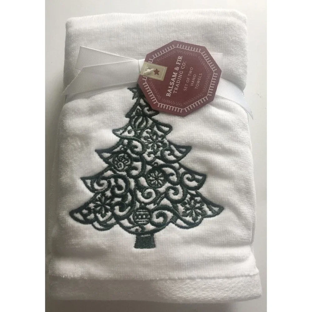 Christmas Tree Embroidered Hand Towels Bathroom White Green Balsam Fir Set of 2